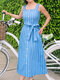 Striped Belted Straps Sleeveless Summer Plus Size Dress - Light Blue