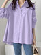 Solid Long Sleeve Loose Button Front Lapel Shirt - Purple