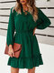 Solid Elastic Waist Ruffle Tie Front Long Sleeve Casual Dress - Green