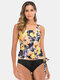 Women Yellow Flowers Print Tankini Wide Shoulder Straps Side Tie Swimwear With Three Kinds Of Bottom - Yellow1