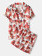 Mens Maple Leaf Revere Satin Button Up Faux Silk Pajamas Sets - Khaki