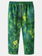 Mens Tie-Dye Print Corduroy Casual Loose Fit Drawstring Straight Pants - Green