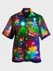 Mens Ombre Christmas Tree Print Lapel Short Sleeve Shirts - Colorful
