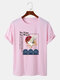 Mens Crane Slogan Print Japanese Style Short Sleeve T-Shirts - Pink