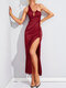 Solid Color Halter Backless Slit Hem Sleeveless Maxi Sexy Dress For Women - Red