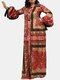 Tribal Pattern Button Long Sleeve Tie-up At Cuffs Maxi Dress - Red