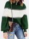 Contrast Color Lantern Sleeve O-neck Sweater For Women - Green