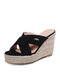 Women Large Size Solid Color Cross Band Casual Espadrille Wedges Slippers - Black