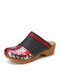 SOCOFY Flowers Printed Hollow Out Slip On Wood Mules Clogs Comfy Platform Low Heel Sandals For Easter Gifts - Red