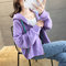 Cotton Loose Hooded Long-sleeved Short Sweater - Purple
