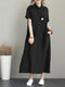 Vintage Turn-down Collar Side Pocket Drawstring Dress - Black