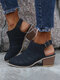 Plus Size Women Hollow Design Buckle Casual Chunky Heel Boots - Black