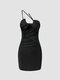 Solid Irregular Strap Chain Open Back Ruched Cut Out Dress - Black