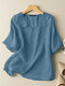 Blusa casual de algodón de media manga con volante liso para mujer - azul