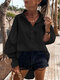 Casual Solid Color Pleated Long Sleeve Loose Cotton Shirt - Black