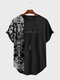メンズ エスニックプリント パッチワーク カーブヘム 半袖 Tシャツ - 黒