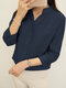 Solid Button Front Stand Collar 3/4 Sleeve Blouse - Navy
