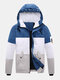 Mens Letter Print Color Block Patchwork Warm Hooded Puffer Jacket With Pocket - Blue