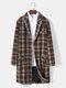 Mens Tartan Lapel Button Up Casual Mid-Length Overcoats With Pocket - Brown