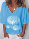Flower Printed Short Sleeve V-neck T-shirt for Women - Light Blue