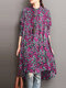 Floral High-low Button Long Sleeve Stand Collar Vintage Dress - Rose