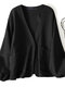 Solid Long Sleeve Pocket Button Front V-neck Kimono - Black