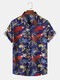 Mens All Over Bird Print Chinese Style Short Sleeve Shirts - Blue