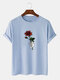 Mens Rose Hand Print Crew Neck Cotton Short Sleeve T-Shirts - Blue