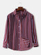 Mens Vertical Stripes Print Lapel Button Up Long Sleeve Curved Hem Shirts - Red