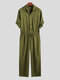 Mens Solid Color Chest Pocket Long Pant Short Sleeve Jumpsuit - Green