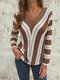 Irregular Stripe V-neck Long Sleeve Vintage Plus Size Knit Blouse - Coffee