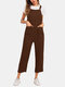 Plain Button Strap Plus Size Casual Jumpsuit with Pocket - Coffee