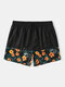 Men Floral Patchwork Rear Pocket Drawstring Beach Shorts - Black