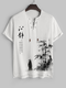 Mens Chinese Ink Painting Lace Up High Low Hem Texture T-Shirts - White