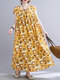 Geometry Print O-neck Pleated Sleeveless Loose Vintage Women Dress - Yellow