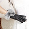 Women Winter Touch Screen Gloves PU leather Windproof Warm Faux Rabbit Fur Gloves - Black