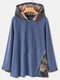 Vintage Printed Long Sleeve Patchwork Button Hoodie For Women - Blue