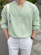 Mens Solid Notched Neck Cotton Long Sleeve Shirt - Green