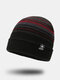Men Knitted Plus Velvet Letter Label Color-match Striped Flanging Windproof Warmth Beanie Hat - Red