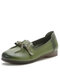 Socofy Leather Vintage Bow Pleated Soft Sole Non-Slip Casual Flats - Green