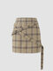 Check Pattern Belt Invisible Zip Mini Skirt - Khaki