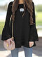 Casual Solid Color Lace Bell Sleeve O-neck Plus Size Blouse for Women - Black
