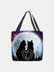 Women Couple Cat Pattern Print Shoulder Bag Handbag Tote - Black