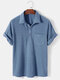 Mens Solid Color Waffle Casual Lapel Short Sleeve Henley Shirt - Blue
