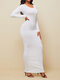 Solid Color O-neck Long Sleeve Hip Maxi Dress - White