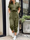 Women Solid Lapel Casual Short Sleeve Cargo Jumpsuit With Belt - Army Green