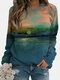 Landscape Printed Long Sleeve O-neck T-shirt For Women - Sky Blue