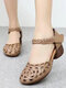 Women's Vintage Round Toe Hand Embroidered Hollow Block Heel Mary Jane Shoes - Apricot