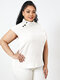 Solid Color Stand Collar Short Sleeve Plus Size Button Blouse for Women - White