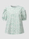 Floral Print Puff Sleeve Keyhole Back Crew Neck Blouse - Green